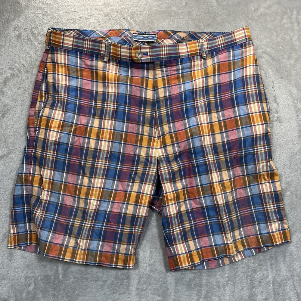 Peter Millar Shorts Mens 35 Blue Orange Flat Madras Plaid Golf